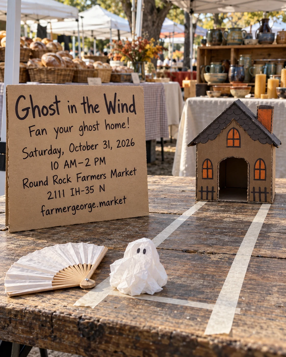 Handmade tissue-paper ghost, folding fan, and cardboard haunted house on a game table