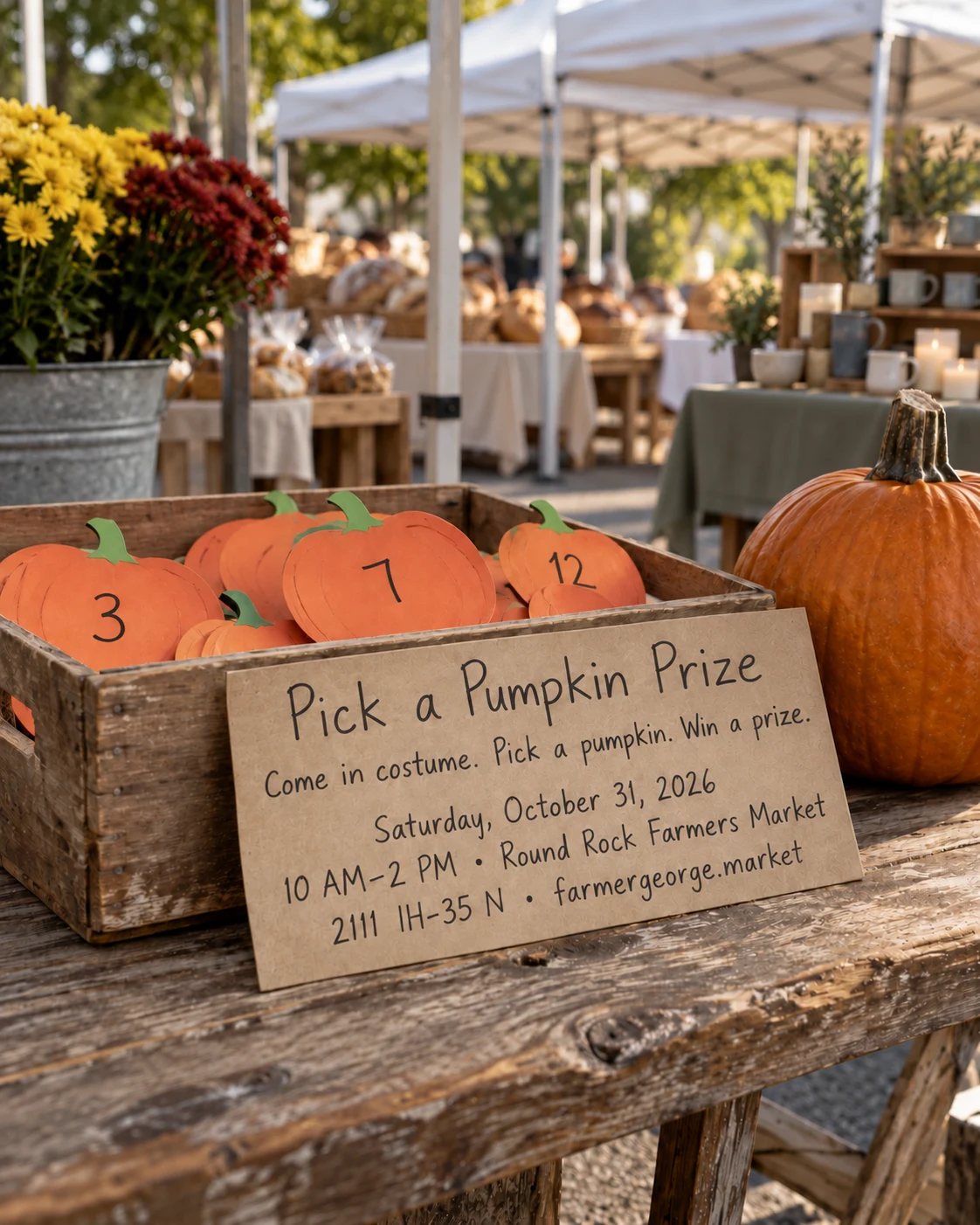 Paper pumpkins with prize numbers in a wooden box beside a rustic event sign
